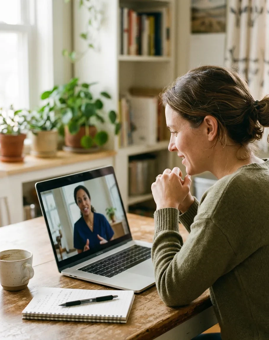 Woman in a video appointment with a clinician