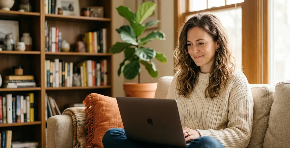 Woman on her couch at home with a laptop, in a video appointment