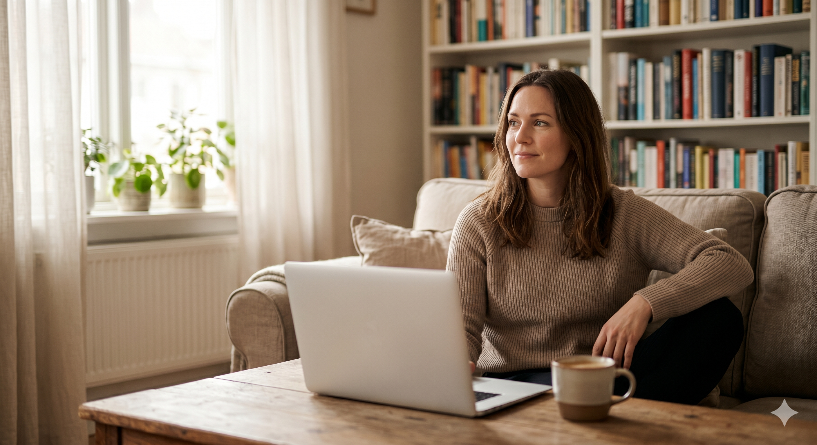 A woman sitting on her couch with a laptop, looking past the screen with a calm expression after a virtual ADHD appointment