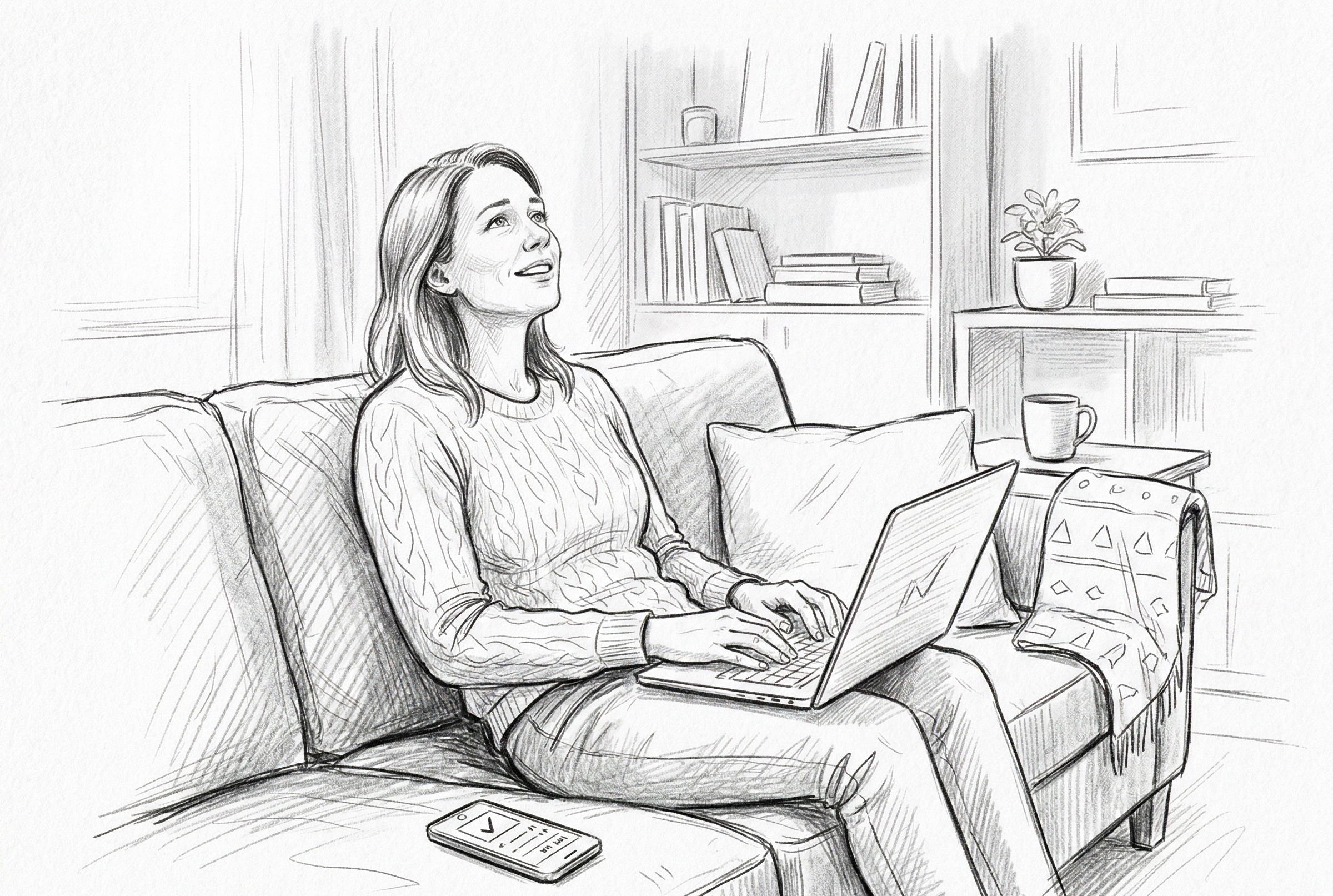 A woman in her mid-30s on a couch with a laptop, looking up with a calm expression after completing her ADHD assessment online