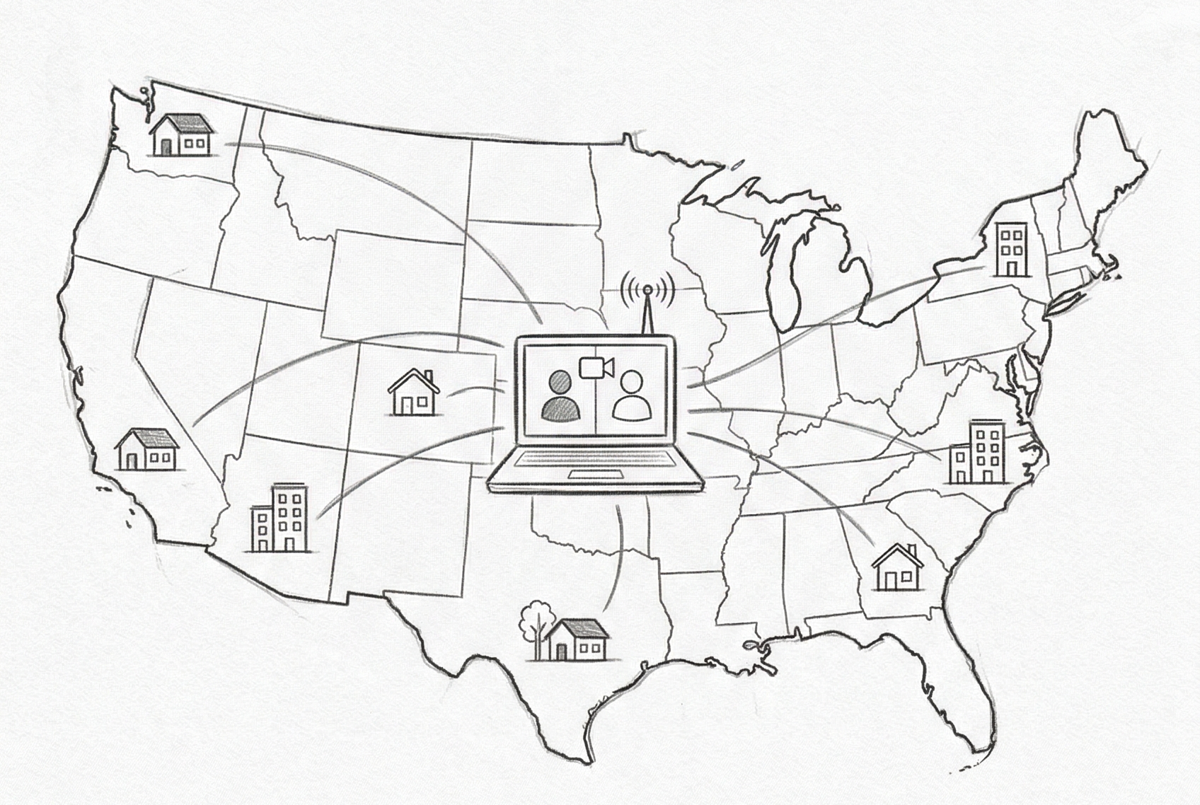 Map of the US showing homes and apartments connecting to a central video call — representing nationwide virtual ADHD care