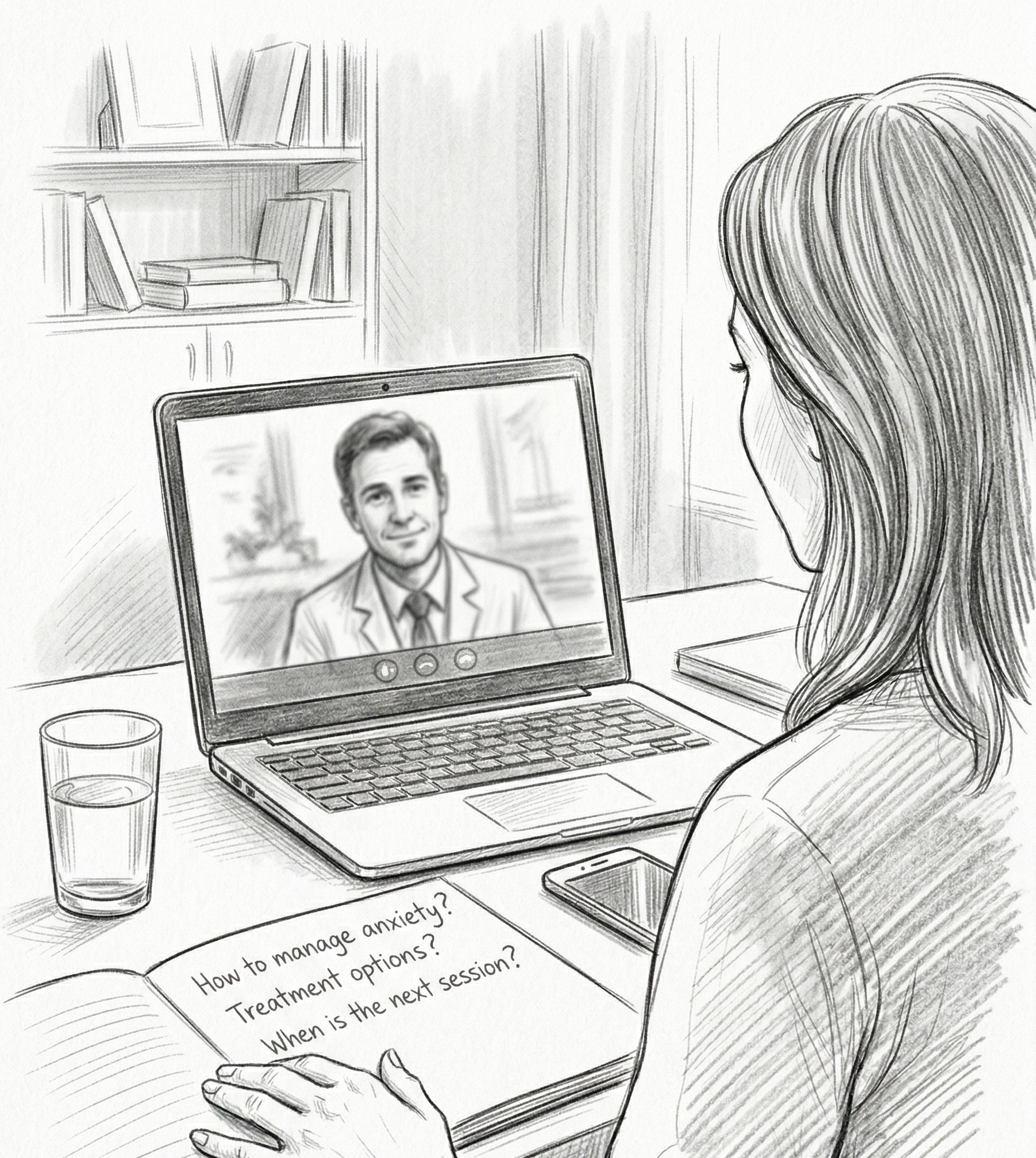 Over-the-shoulder view of a person on a video appointment with a licensed clinician, with notes on treatment options in front of them