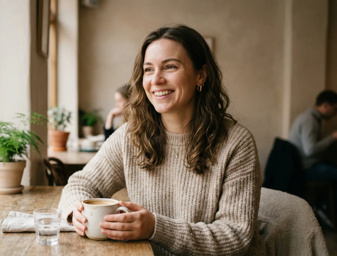 A woman in a café smiling, holding a coffee mug