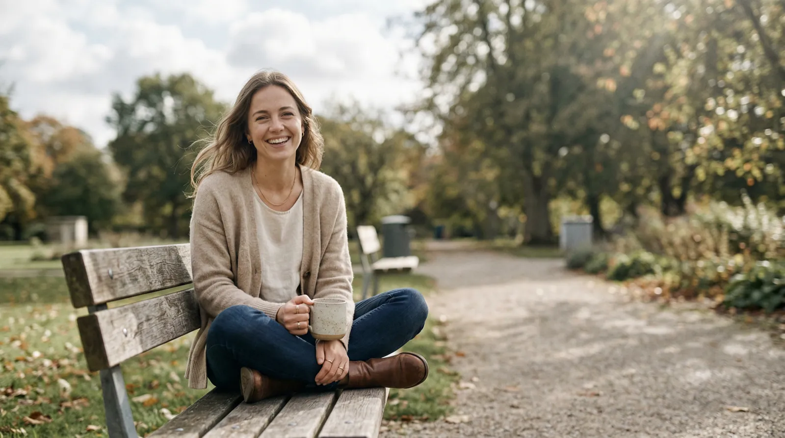 A woman sitting on a park bench, holding a mug, smiling and looking forward