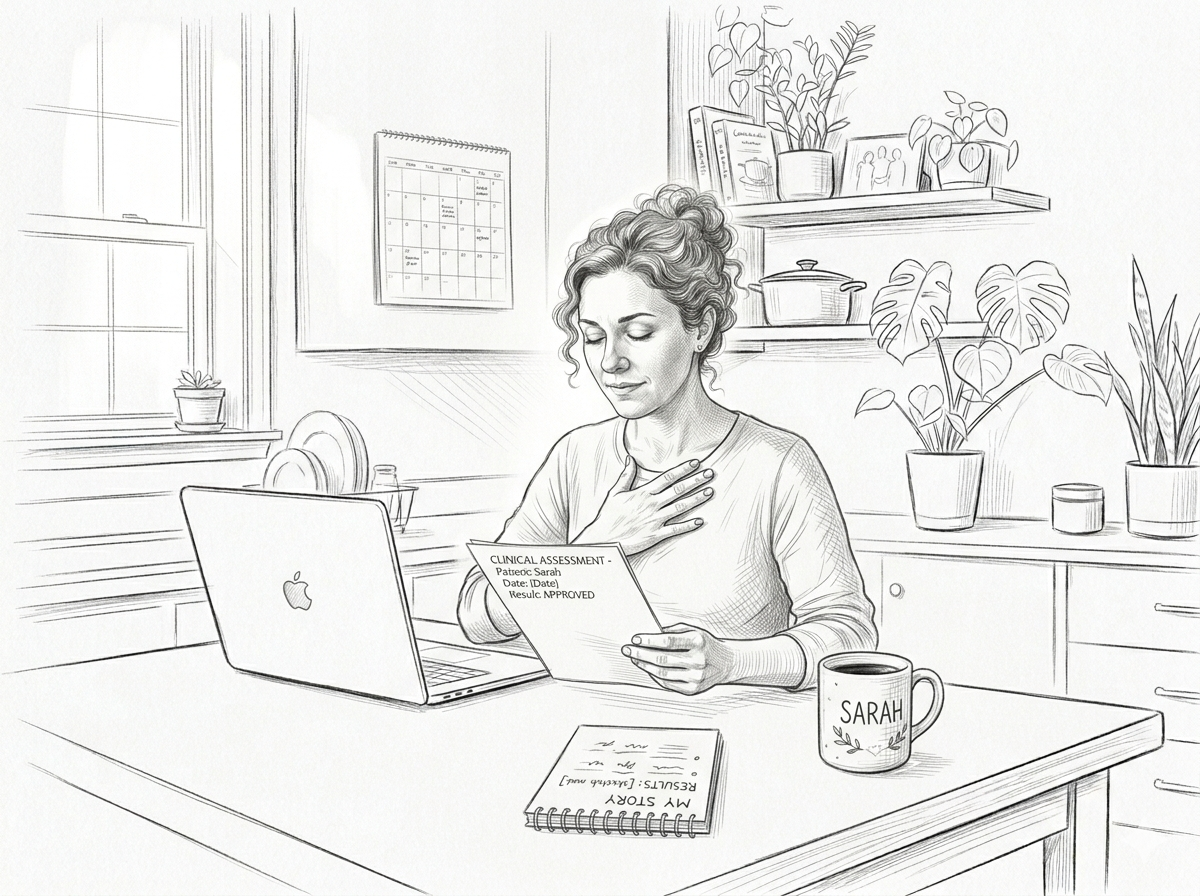 Woman sitting at a kitchen table with a laptop, looking thoughtful