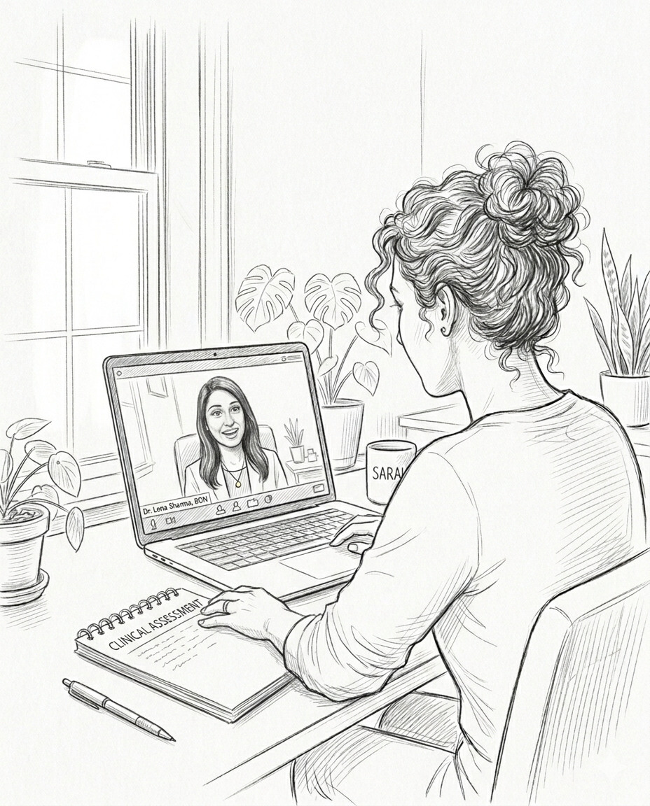 Woman on a telehealth video call with her licensed clinician